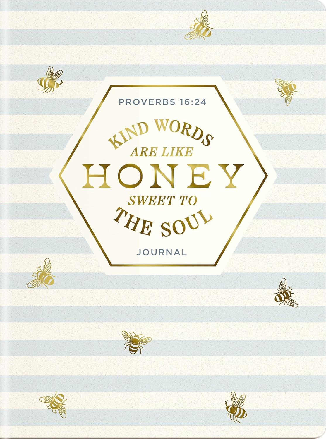 Journal with honeycomb design, bee illustrations, and Proverbs 16:24 text on a striped background.