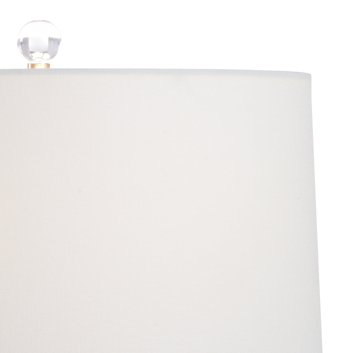 White lampshade with a clear glass finial on a white background