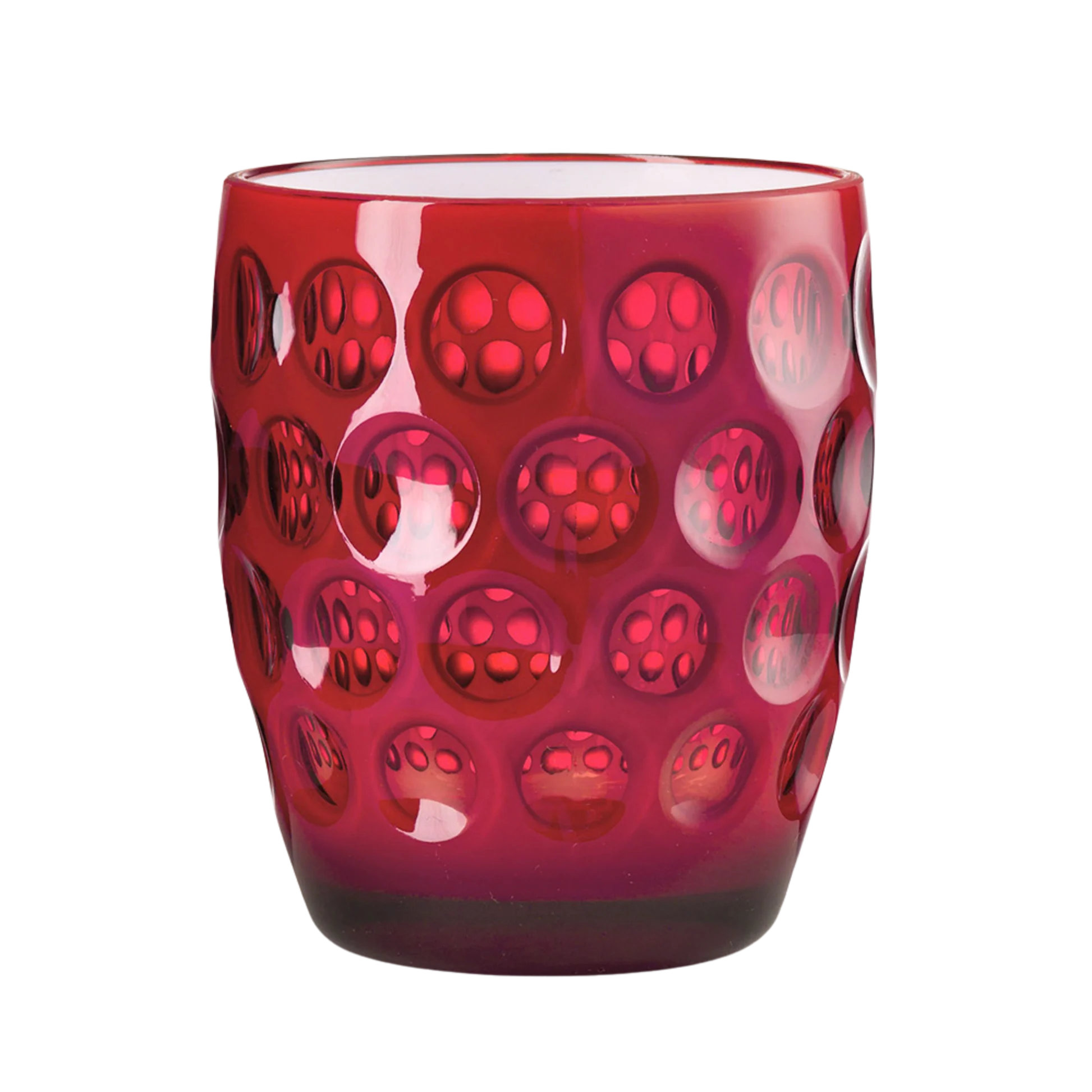 Red glass tumbler with bubble-like texture on a white background
