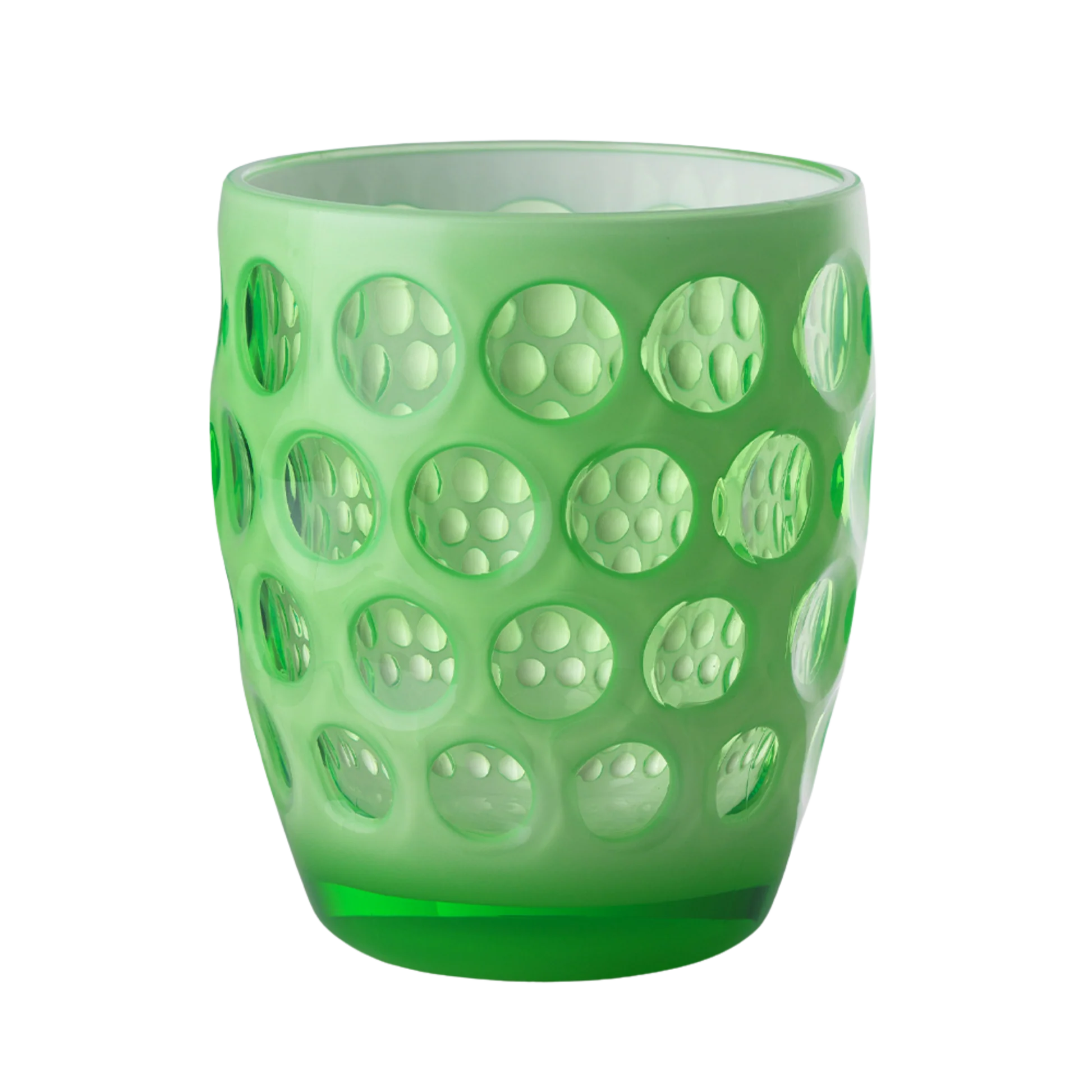 Green glass tumbler with a textured surface on a white background