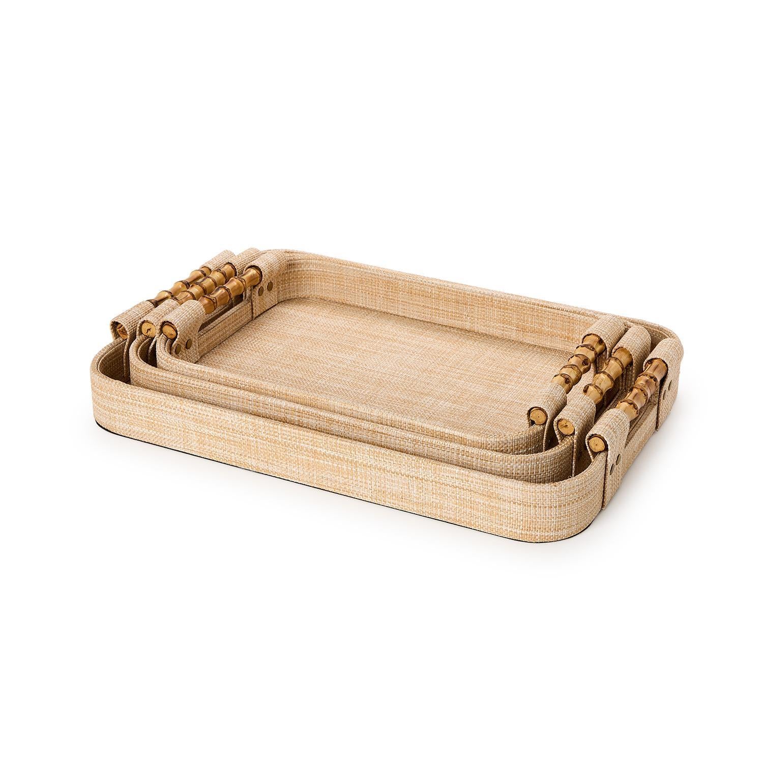 Monaco Natural Grass Decorative Rectangle Tray with Oval Corner and Bamboo Handles