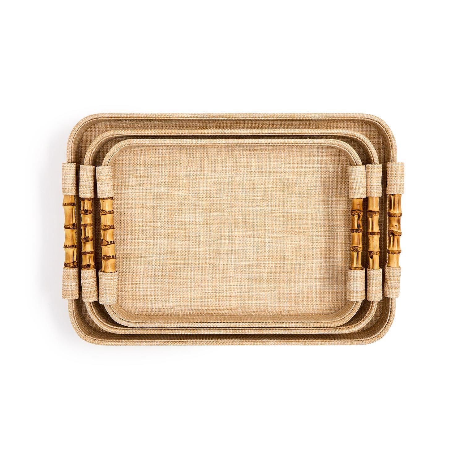 Monaco Natural Grass Decorative Rectangle Tray with Oval Corner and Bamboo Handles