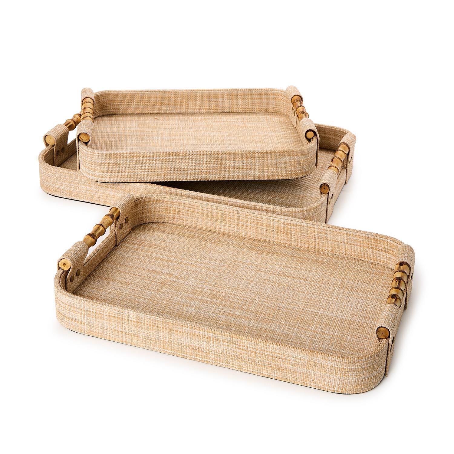 Large Monaco Natural Grass Nested Decorative Rectangle Tray with Oval Corner and Bamboo Handles