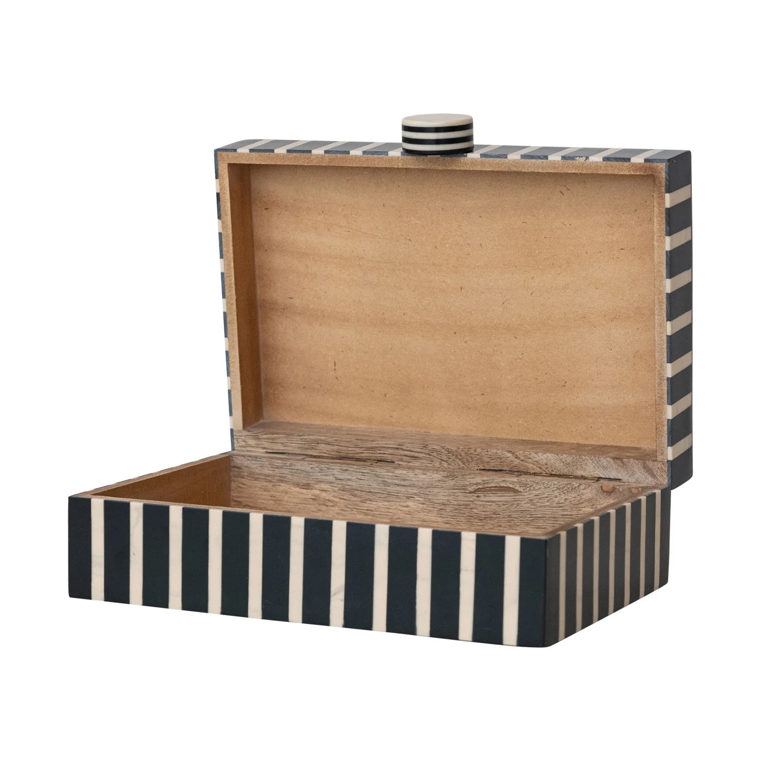 Wooden box with striped design on a white background