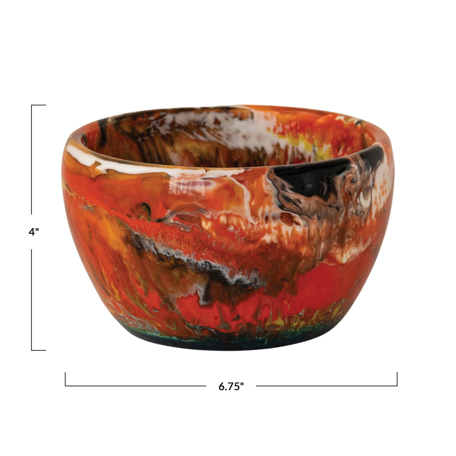 Colorful resin bowl with marbled design on a white background