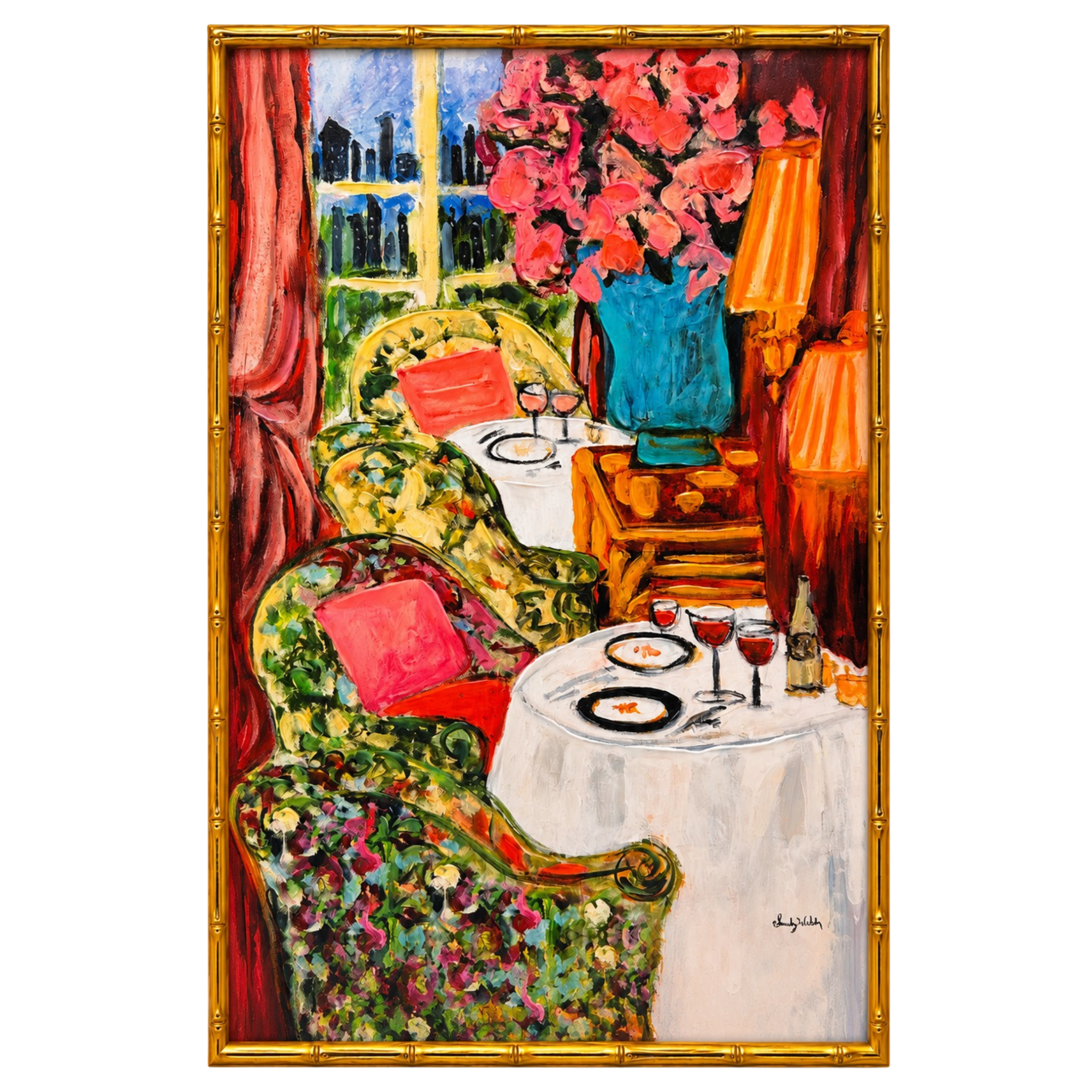 Morning at the Garden Table in Gold Bamboo Frame
