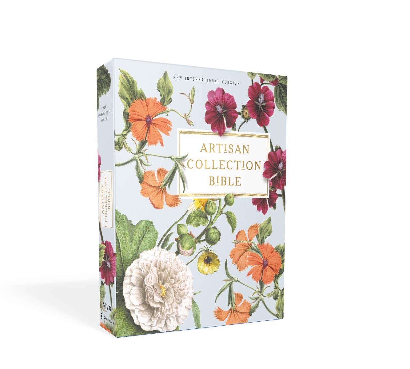Floral-patterned Bible cover with 'Artisan Collection Bible' text on a white background