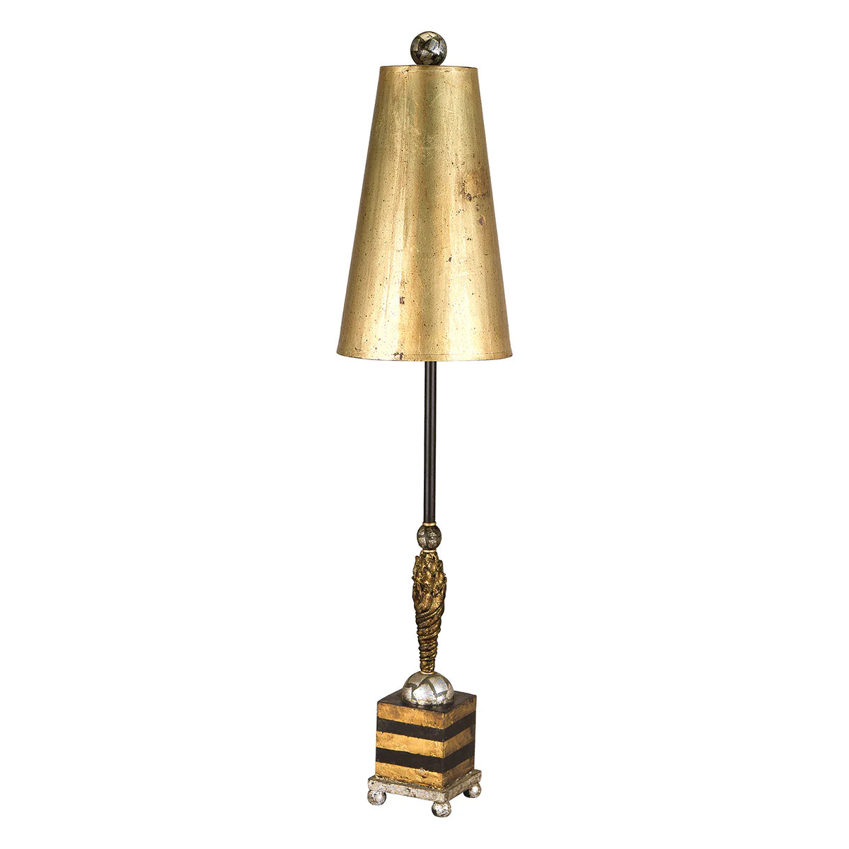 Decorative lamp with gold shade and bronze base on a white background