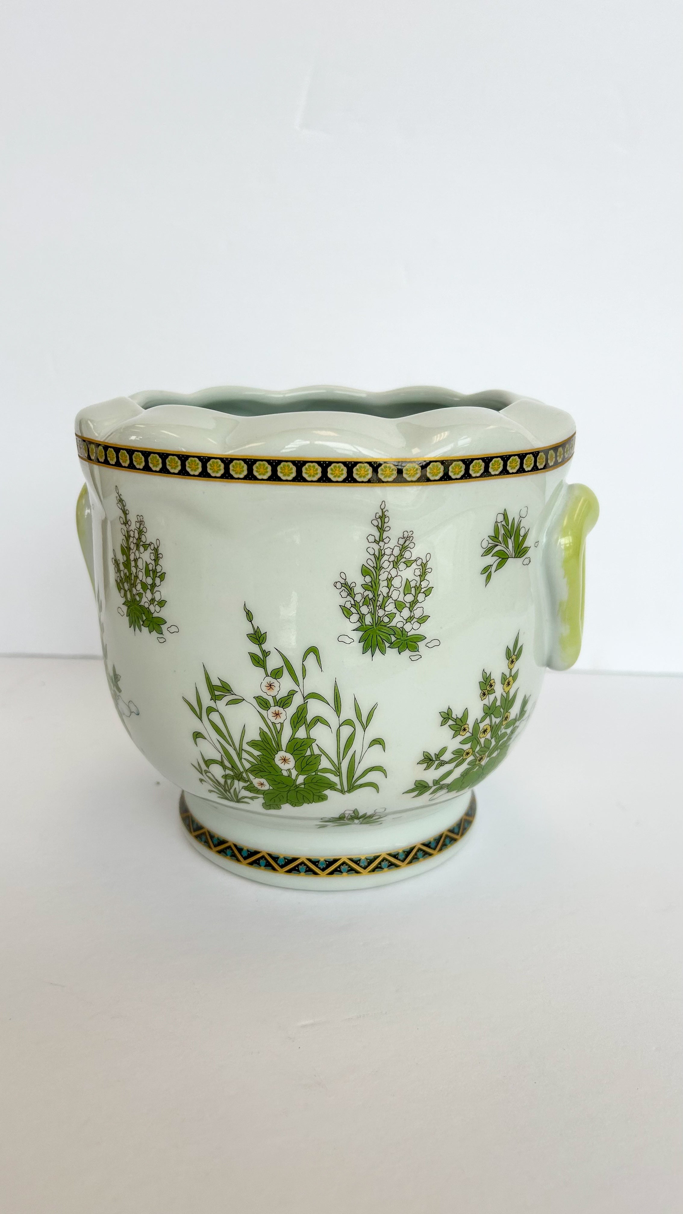 Green and White Floral Planter