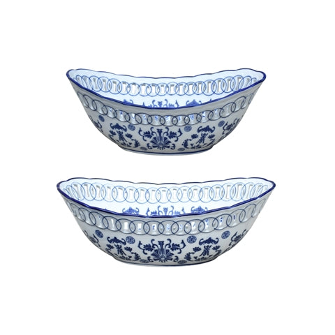 Blue And White Porcelain Oval Basin 12"