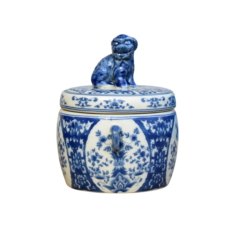 Porcelain Blue and White Lion Tea Caddy Jar