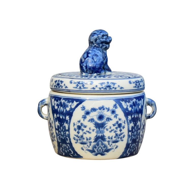 Porcelain Blue and White Lion Tea Caddy Jar