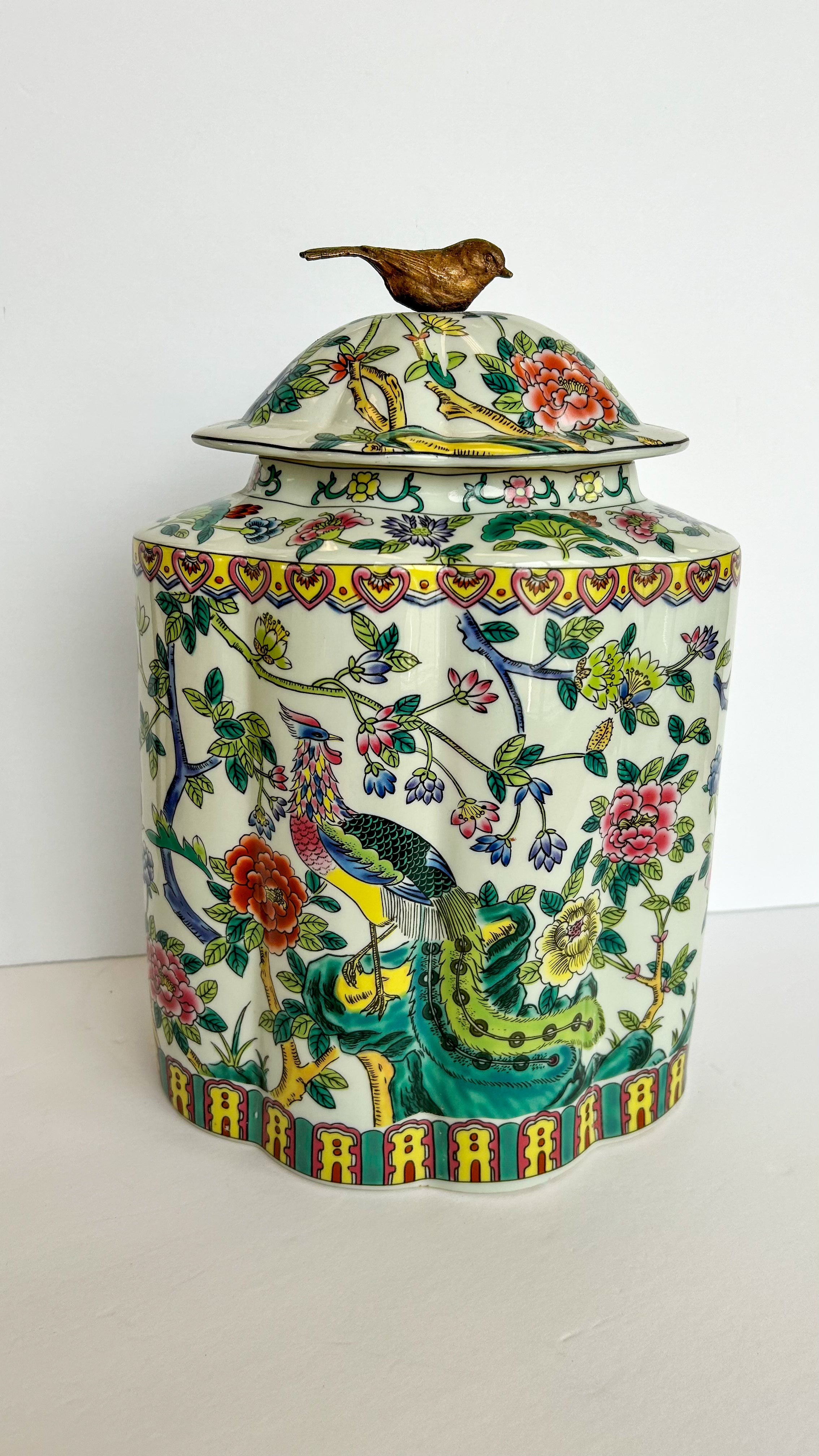 Colorful Peacock Lidded Hexagonal Vase