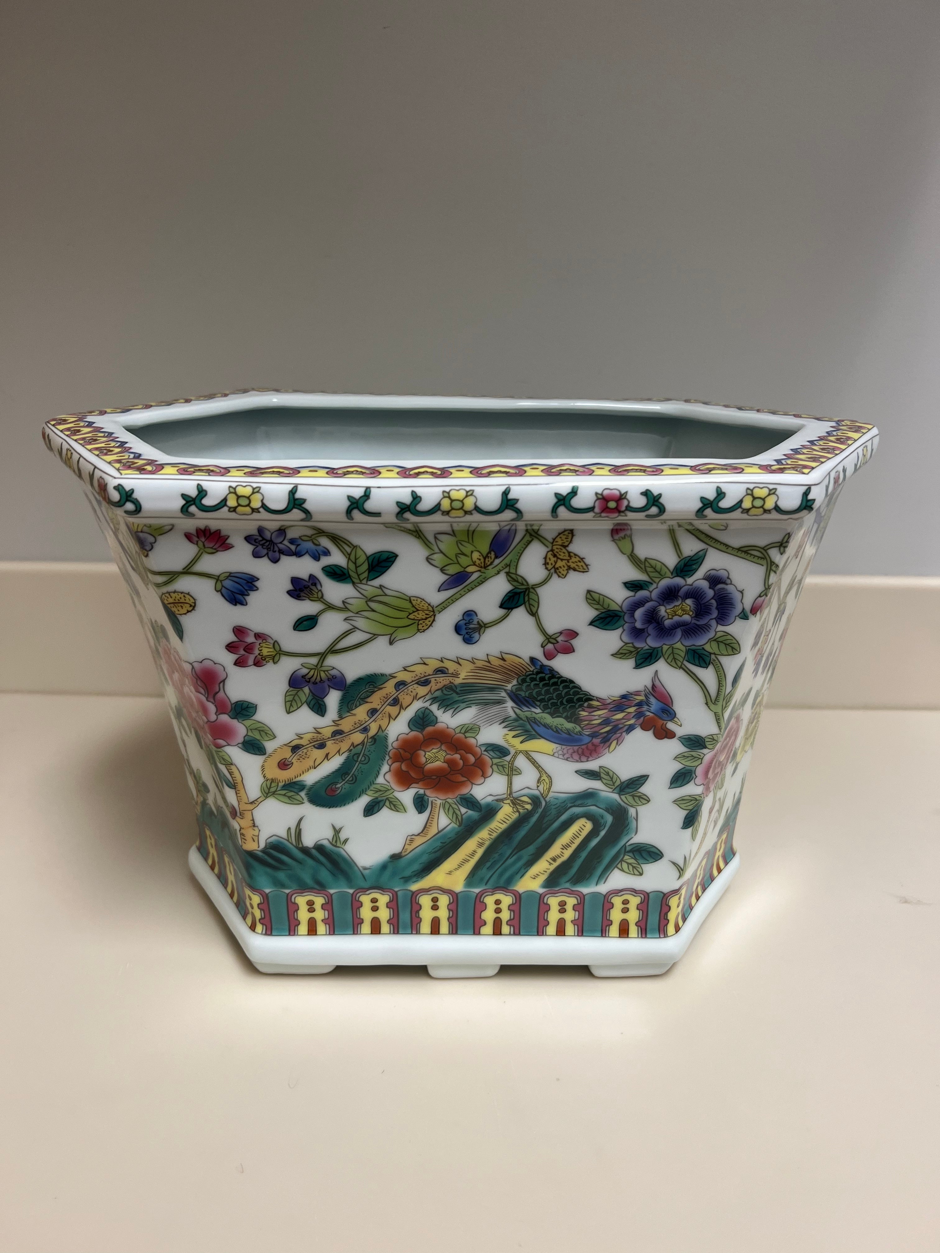 Green/Pink Floral and Bird Hexagonal Planter