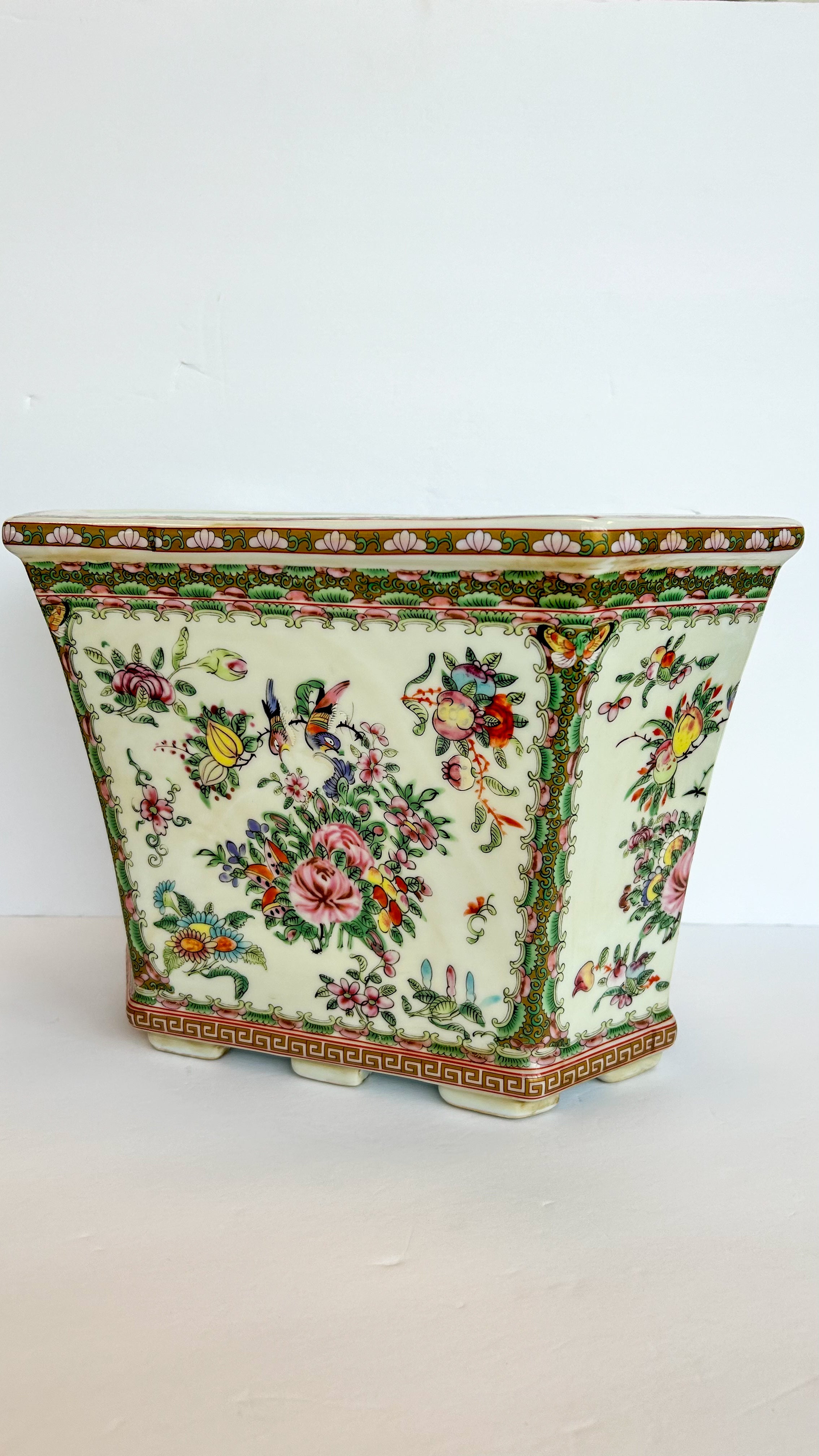 Pink and White Floral Hexagonal Porcelain Planter