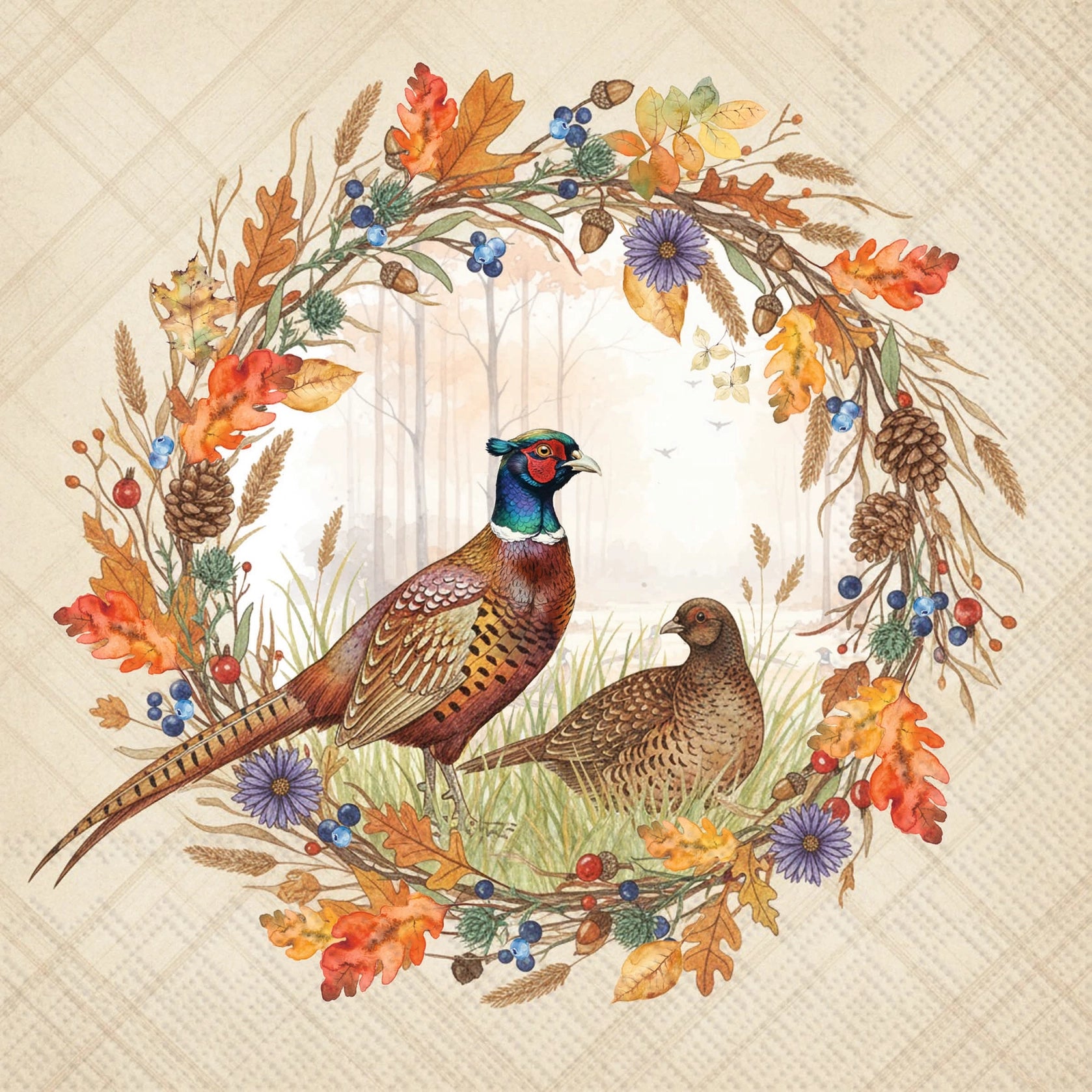 Two pheasants surrounded by a colorful autumn wreath on a textured beige background