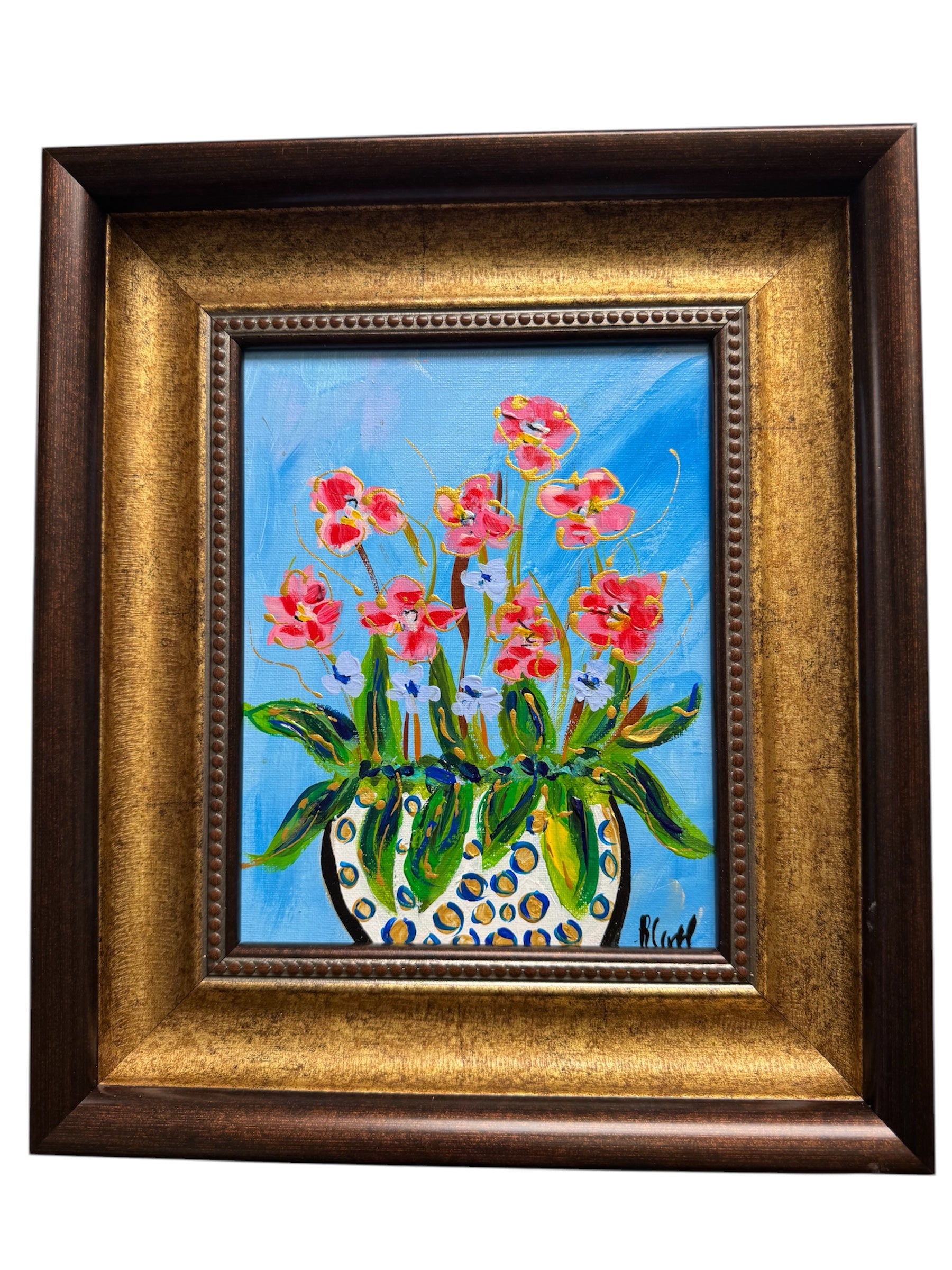 HBR 8x10 White/Blue Circle Vase with Pink Flowers