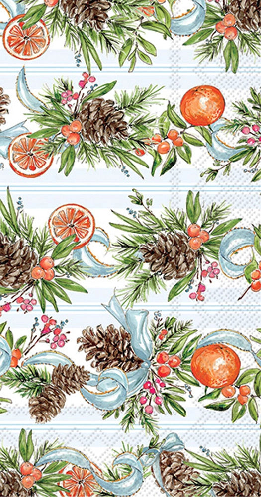 Pattern of pine cones, oranges, and ribbons on a white background