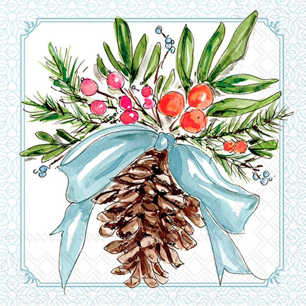 Decorative paper with a pine cone, berries, and a blue ribbon on a light blue background.