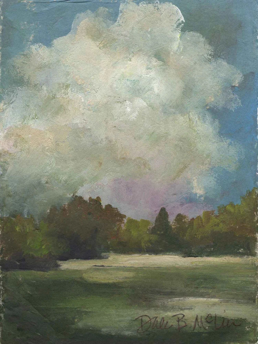 Painting of a landscape with trees and a large cloud in the sky