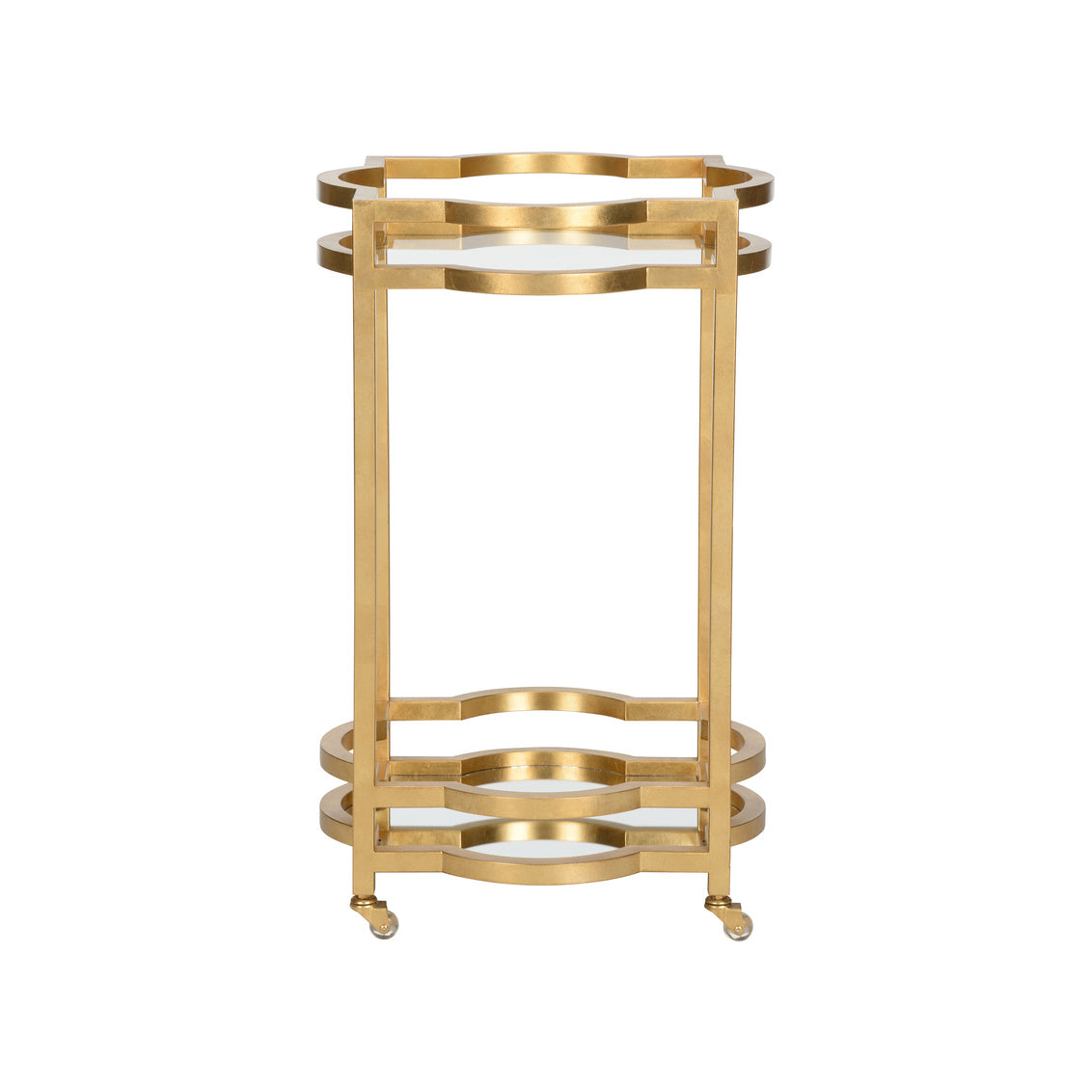 Gold side table with glass top on a white background