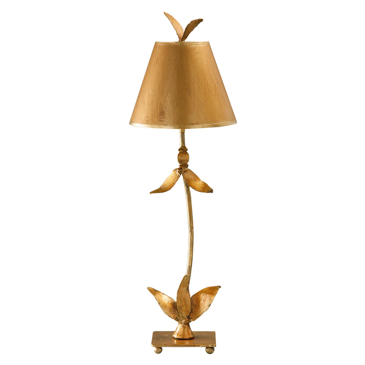 Decorative gold lamp with leaf design on a white background