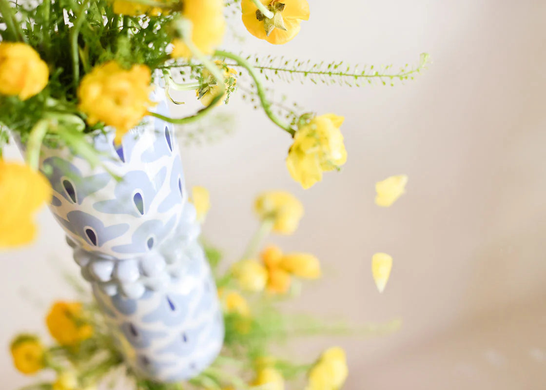 IRIS BLUE MEDIUM CYLINDER VASE WITH KNOBBED FOOT