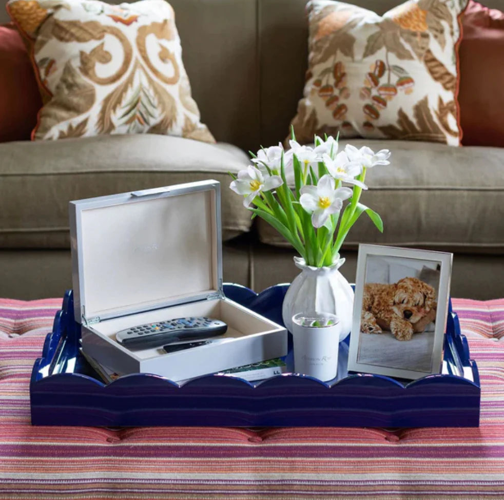 Navy Large Lacquered Scallop Ottoman Tray