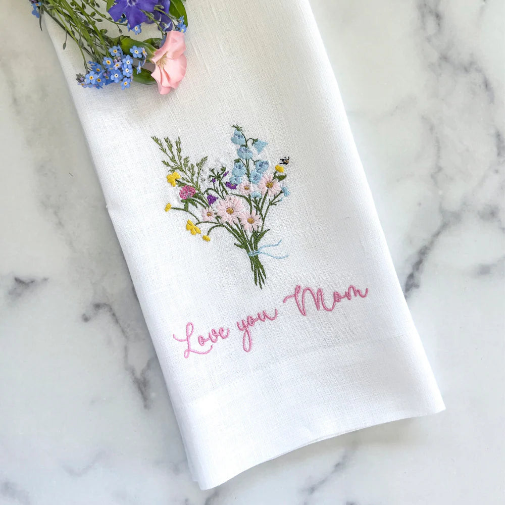 Love You Mom with Bouquet Linen Tea Towel