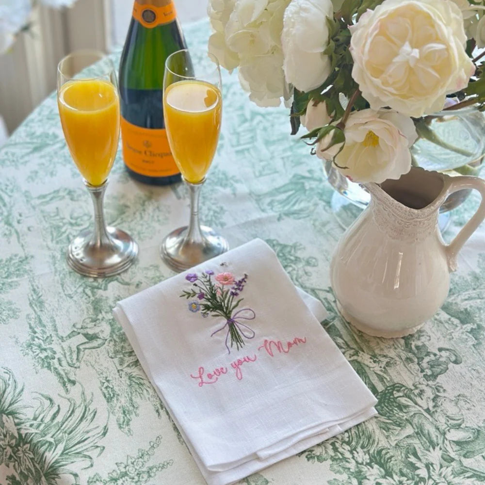 Love You Mom with Bouquet Linen Tea Towel