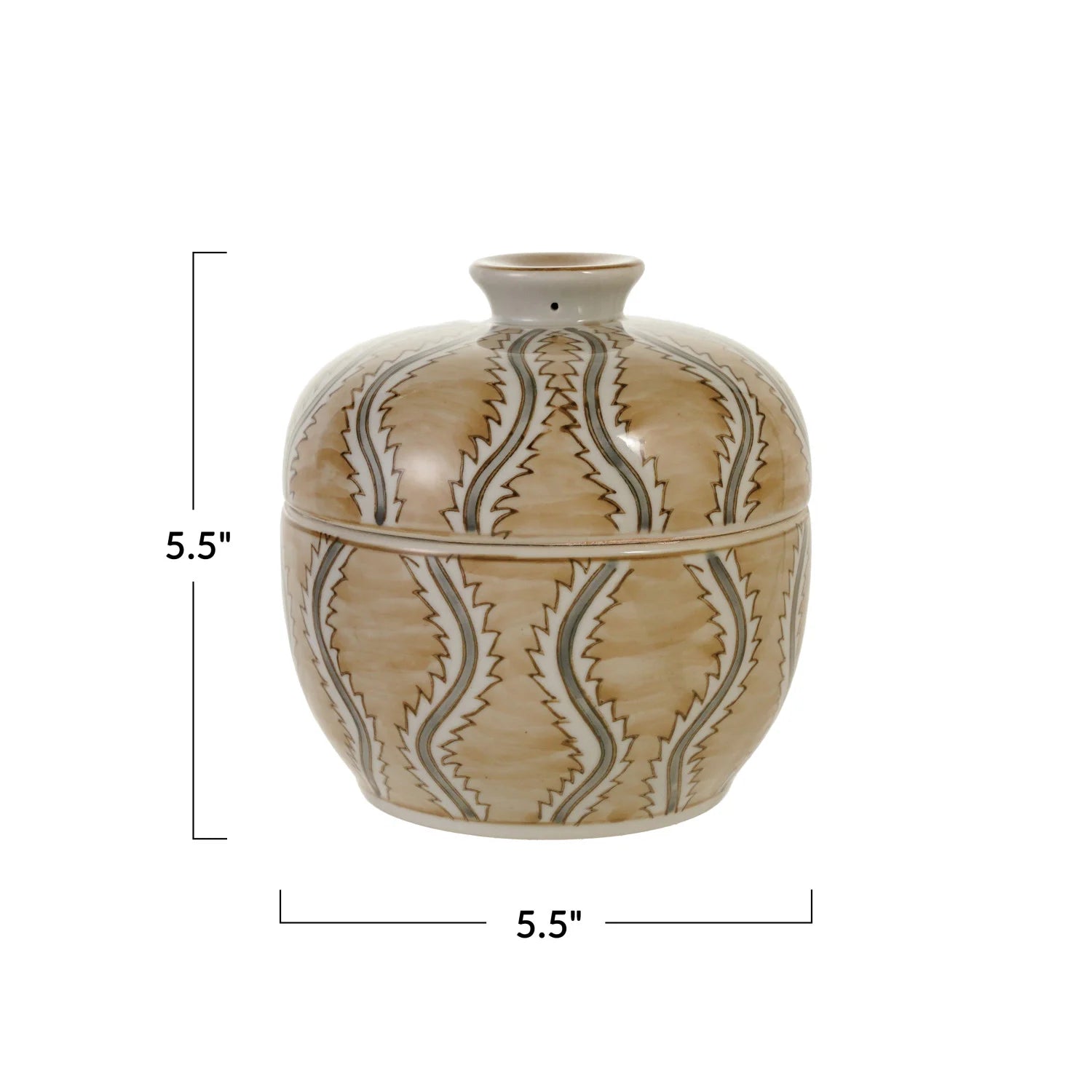 Ceramic jar with decorative patterns and dimensions on a white background