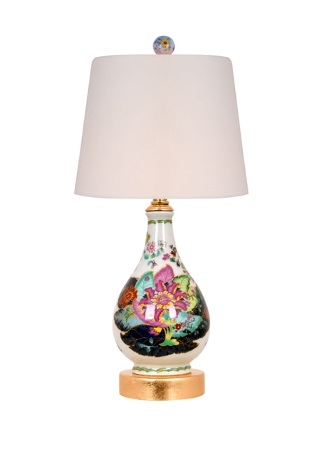 Decorative table lamp with a colorful floral design on a white background
