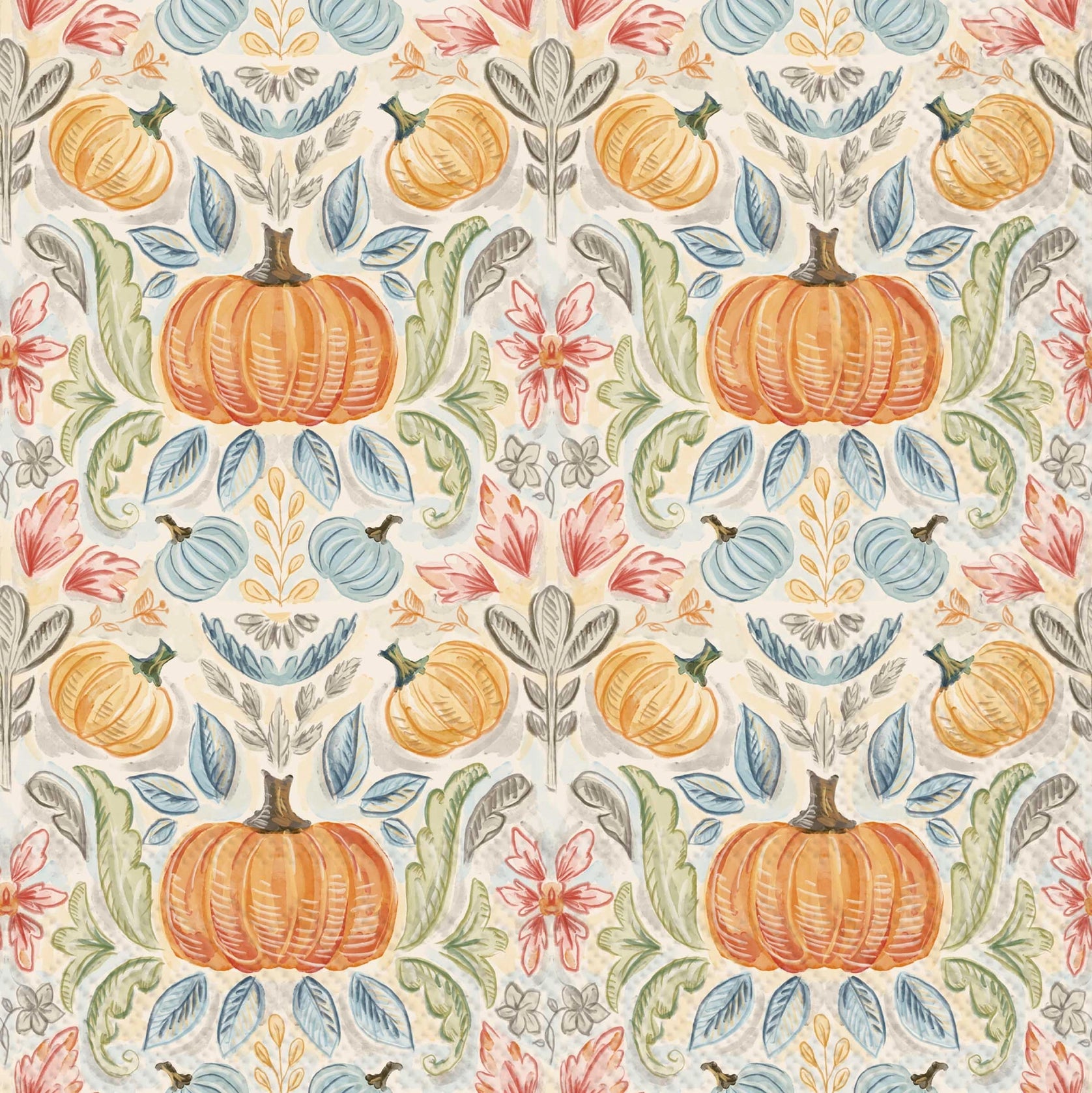 A repeating autumn floral pattern featuring orange pumpkins, blue gourds, pink flowers, and muted green leaves on a warm off-white background.