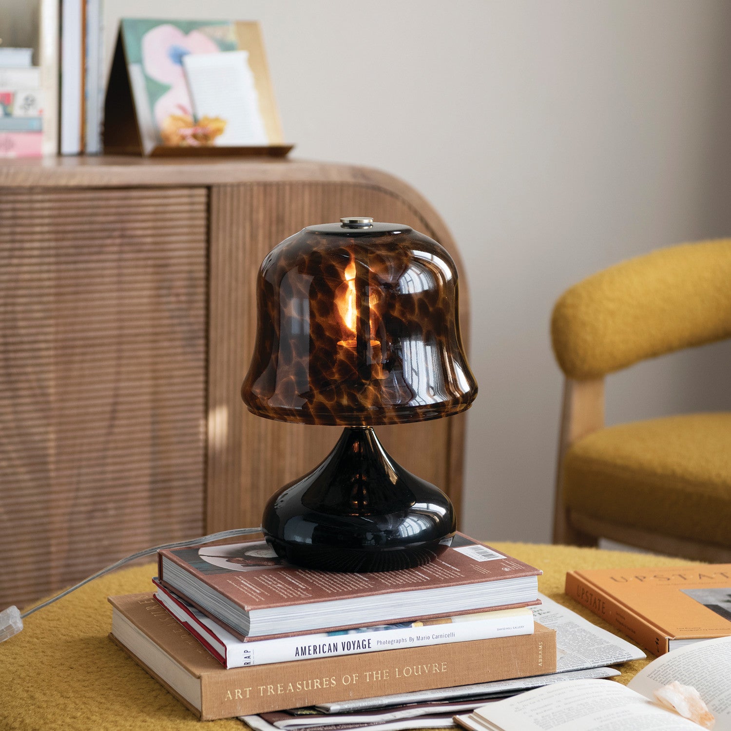 Decorative table lamp with tortoiseshell pattern on a stack of books in a cozy room setting.