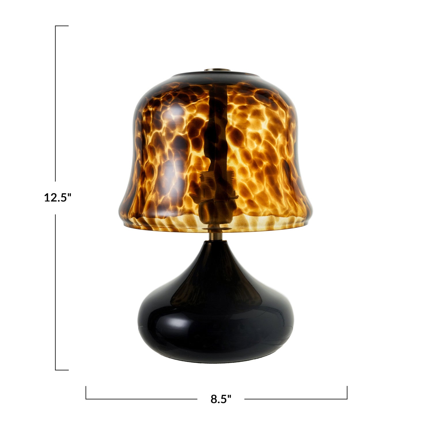 Table lamp with tortoiseshell shade and black base, shown with measurements on a white background.