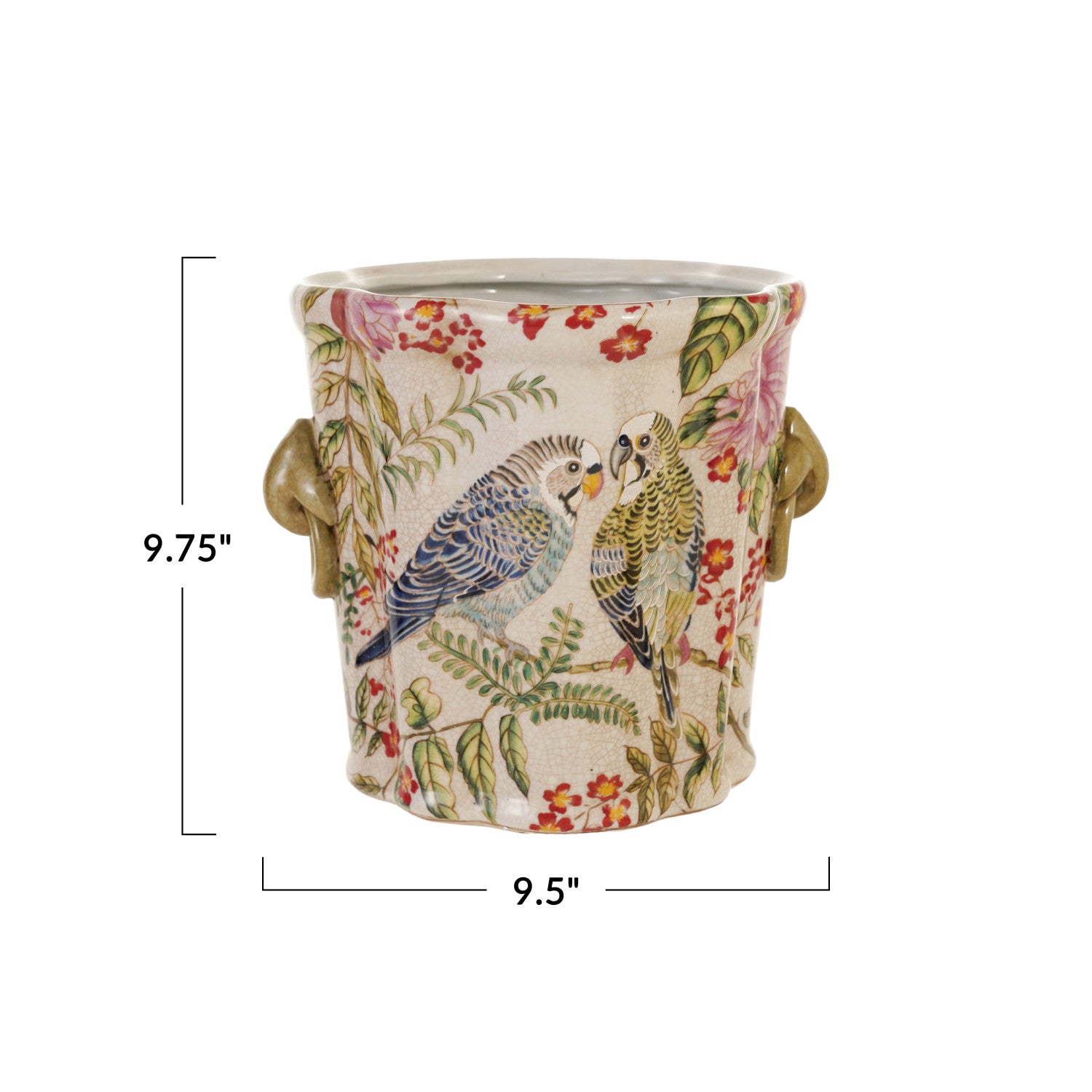 Decorative pot with parrot design and measurements on a white background