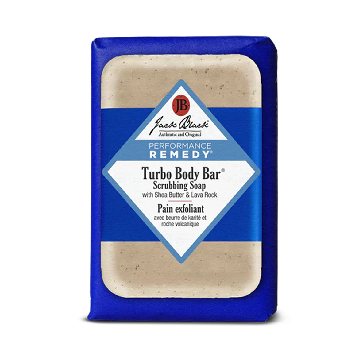 Turbo Body Bar scrubbing soap with blue packaging on a white background
