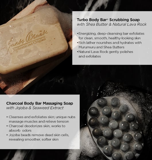Turbo Body Bar scrubbing soap with shea butter and natural lava rock, and Charcoal Body Bar with jojoba and seaweed extract on a dark background.