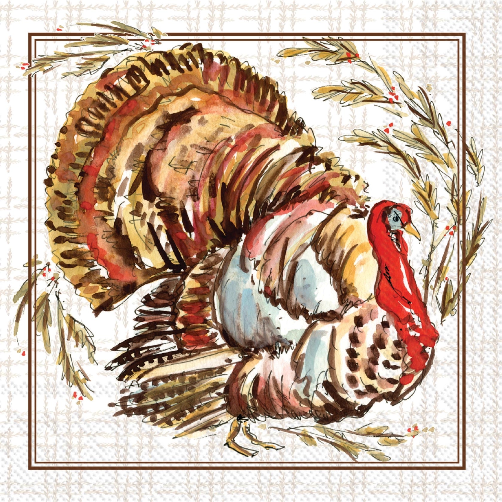 A square decorative print featuring a painted wild turkey with a red head and layered brown, tan, cream, and muted blue feathers, surrounded by illustrated leaves and berries on a white textured background with a thin double-line border.