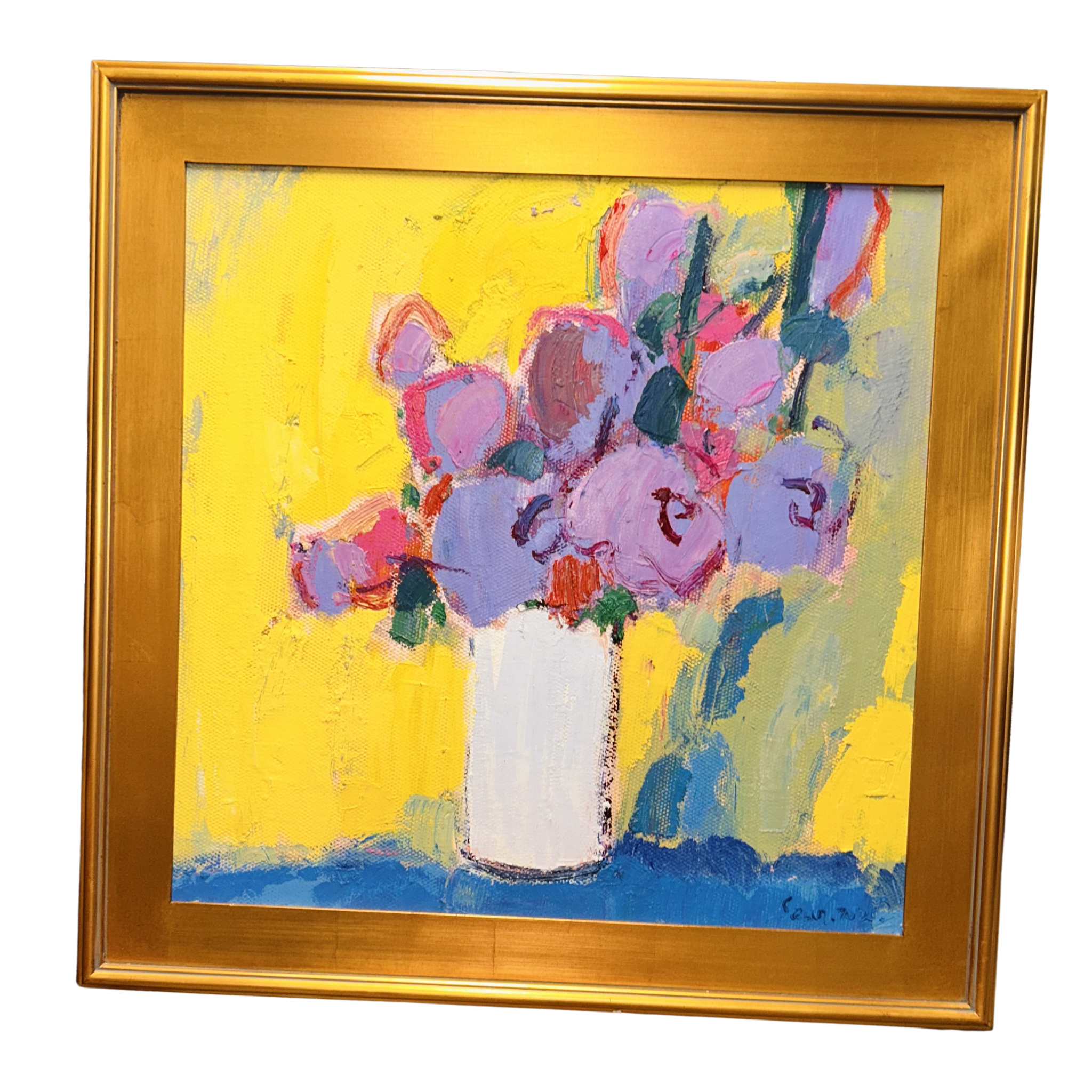 24x24 Purple Floral w/ Yellow Background Oil Painting