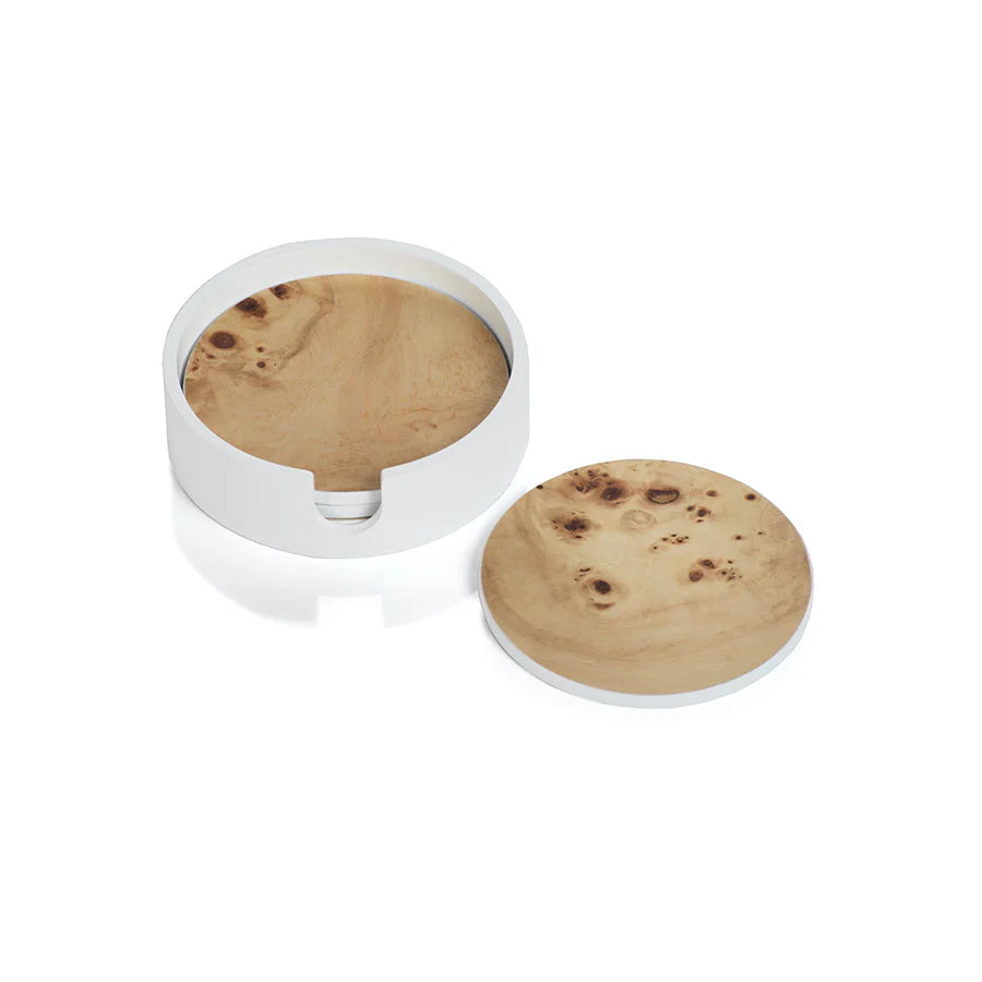 Set of 4 Round Burl Wood Coasters in White Tray