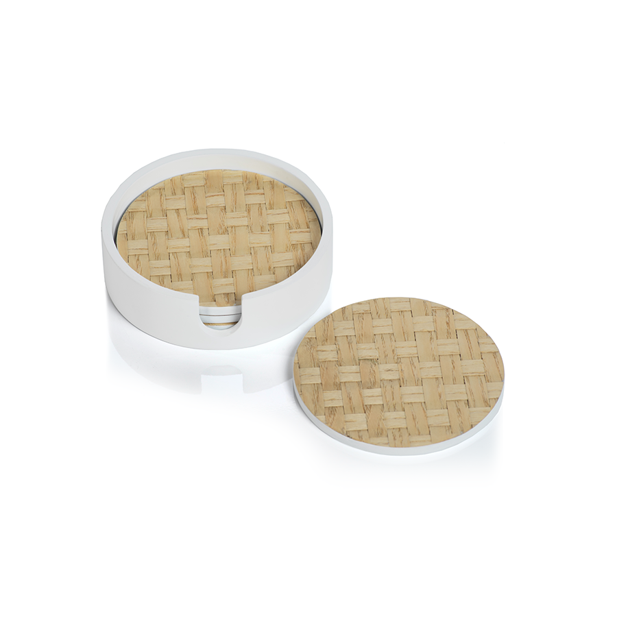 Set of 4 Round Woven Ash Coasters in White Tray