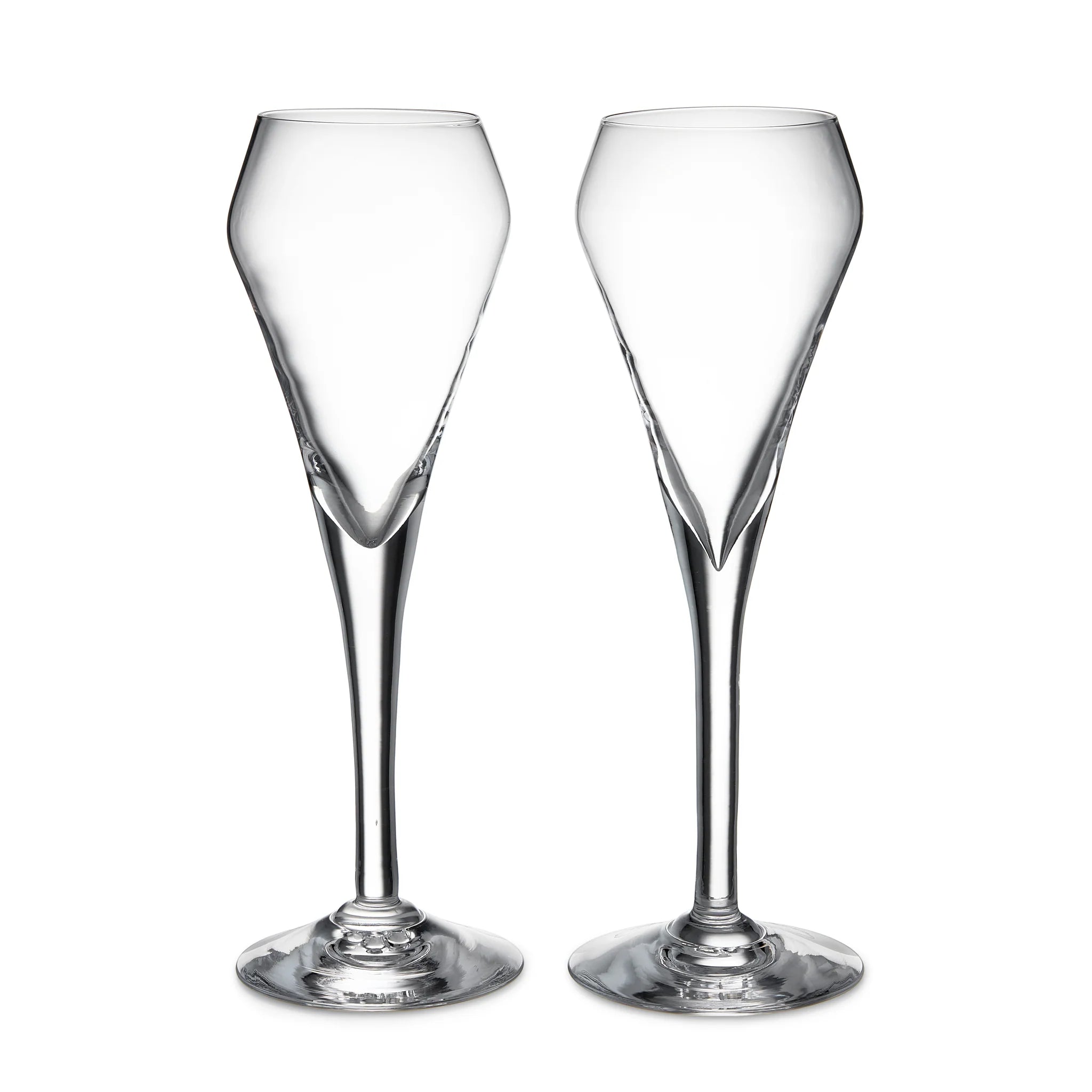 Two clear wine glasses on a white background
