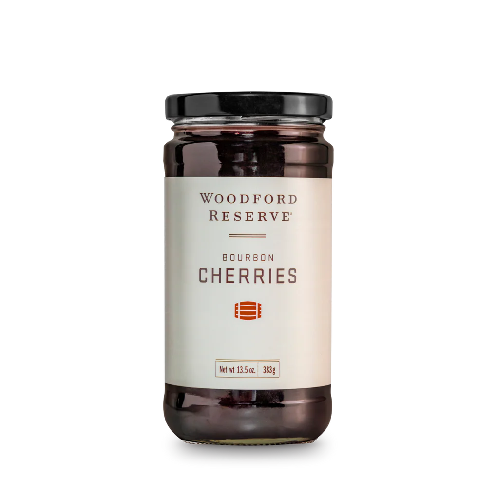 Woodford Reserve Bourbon Cherries jar on a white background