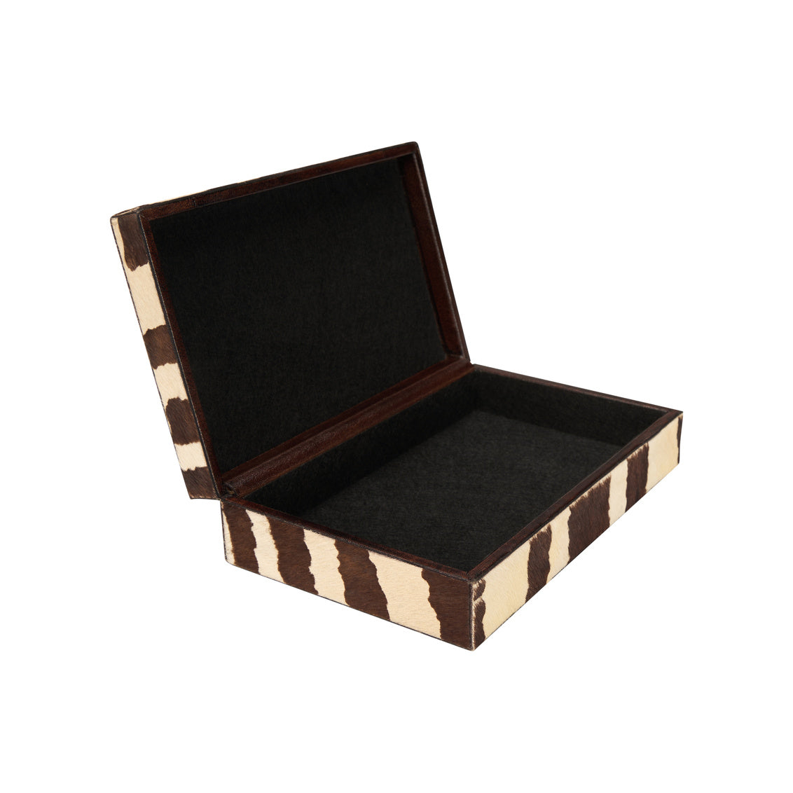 Open jewelry box with brown and beige striped exterior on a white background