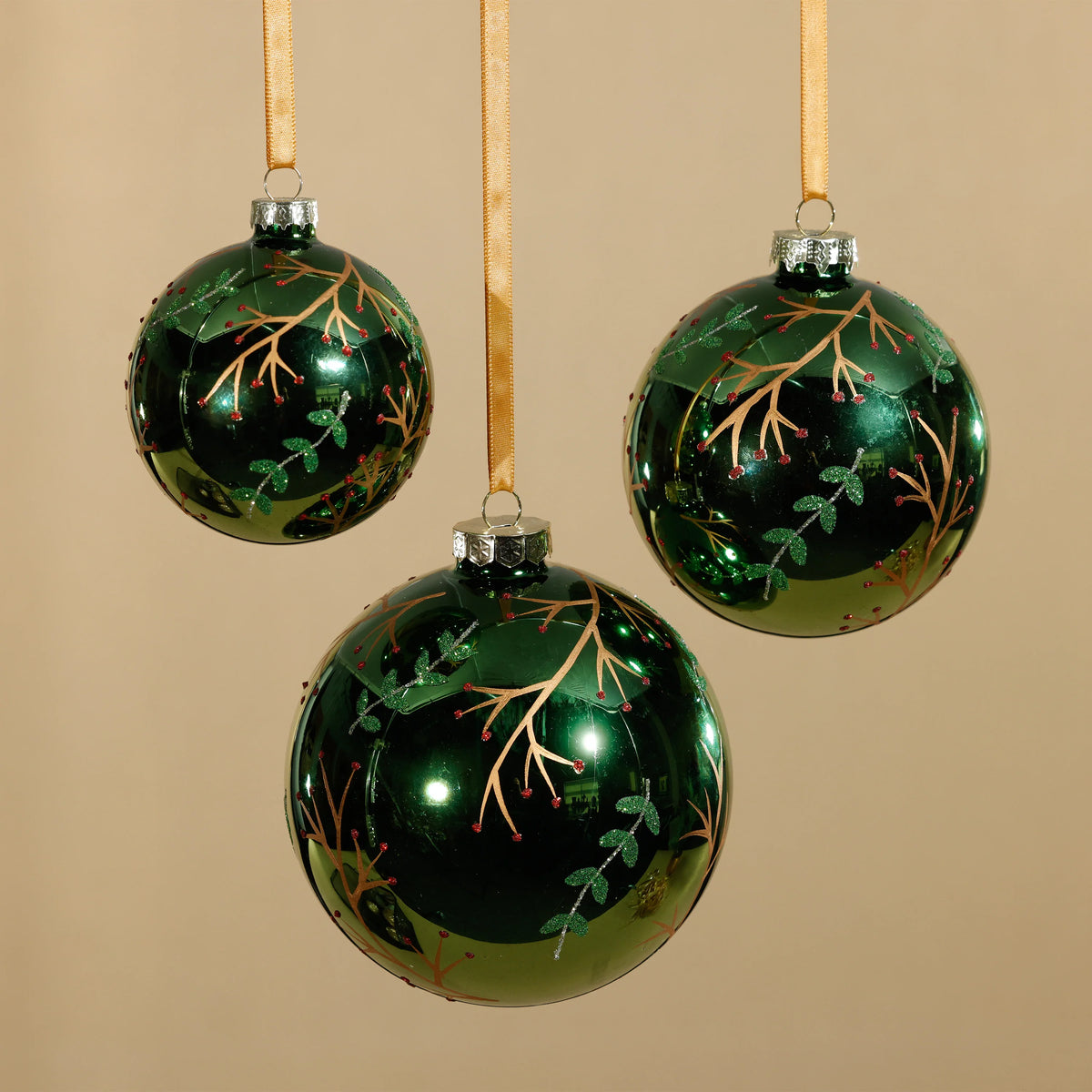 Shiny Green Metallic Twig Glass Ball Ornament