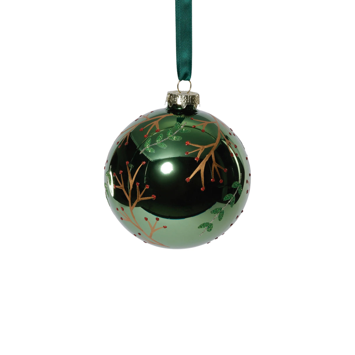 Shiny Green Metallic Twig Glass Ball Ornament
