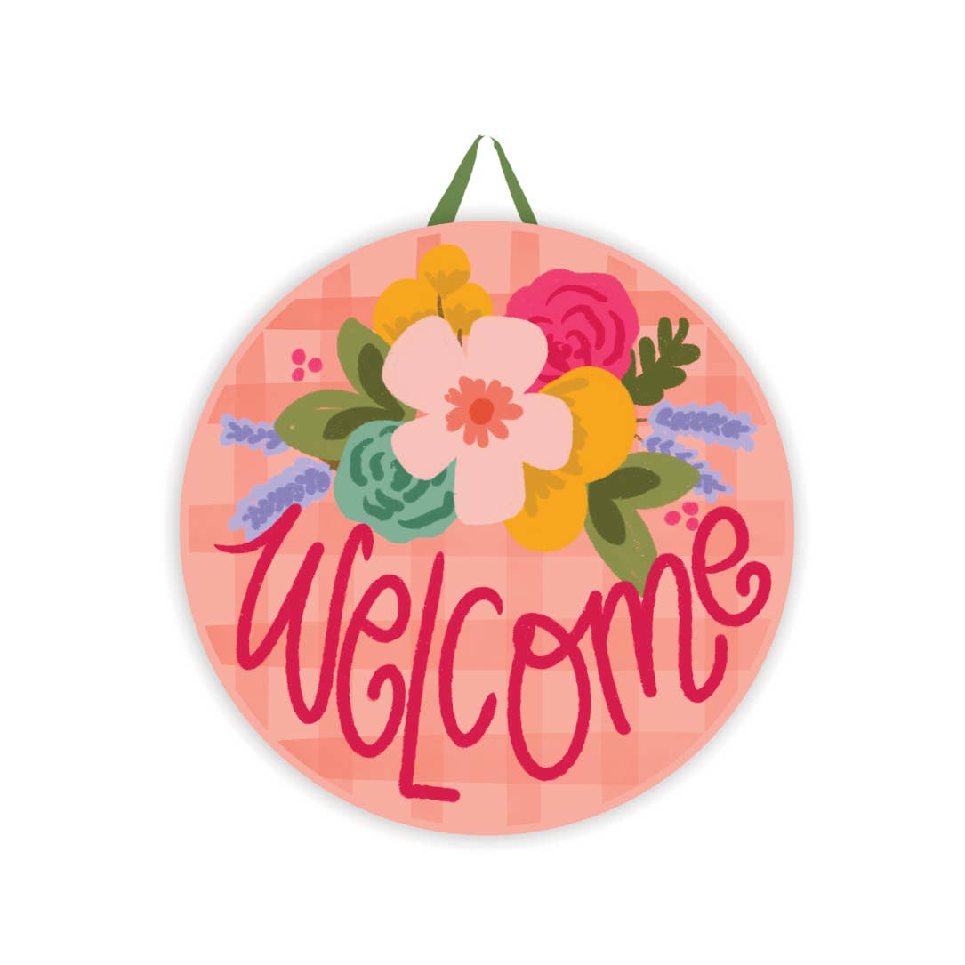 Welcome Pink Plaid Door Hanger