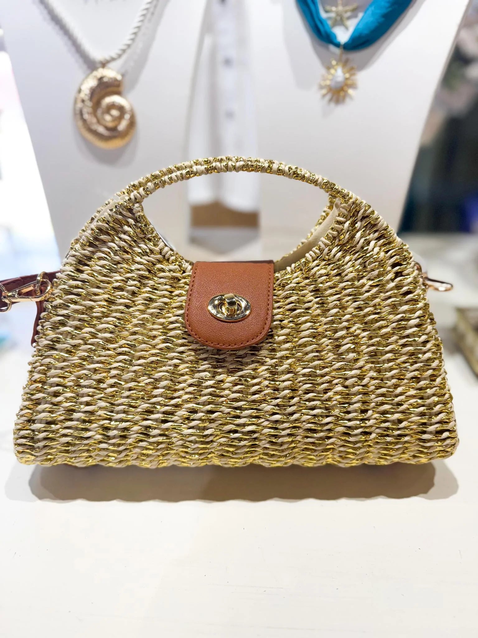 Metallic Half Moon Straw Clutch