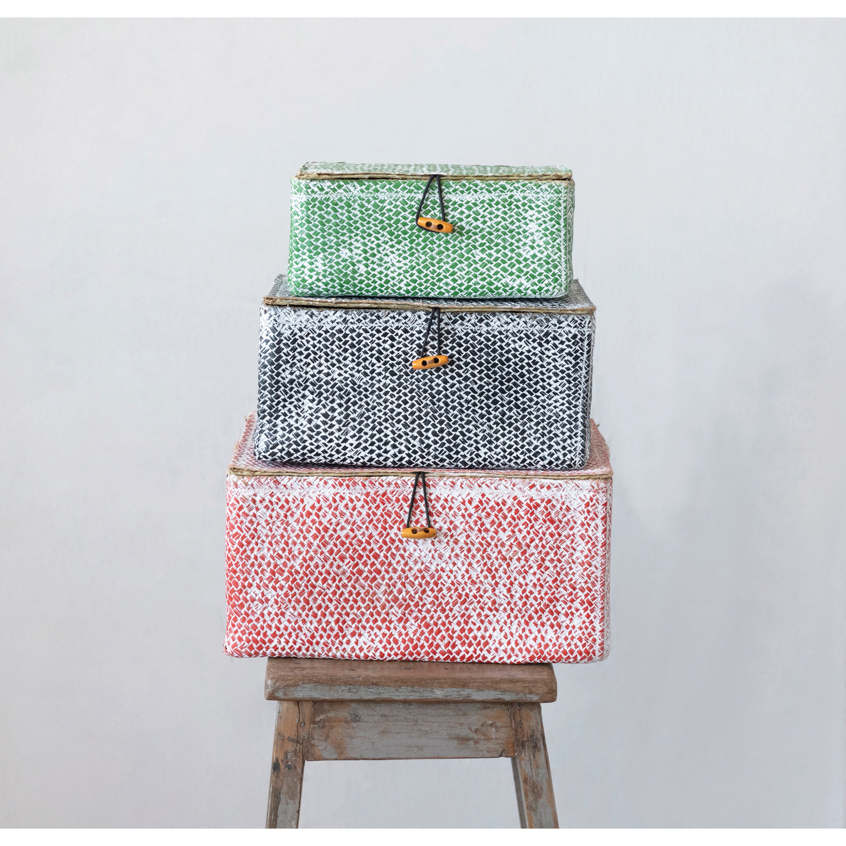 Hand-Woven Palm Leaf Box with Lids and Toggle Closures